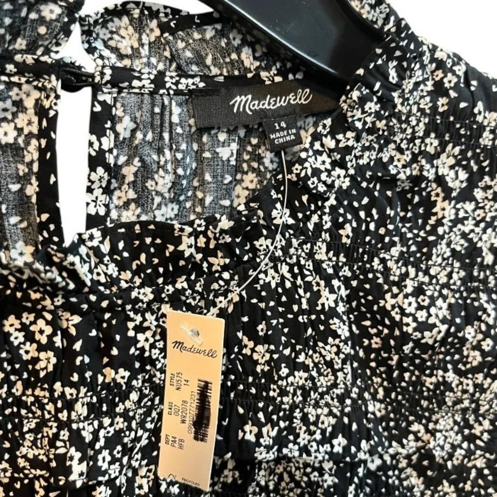 Madewell Smocked Crewneck Mini Dress in Floral Black White Size 14 NWT NU575 - Picture 6 of 10